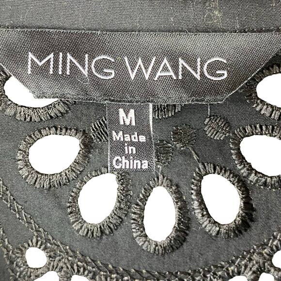 Ming Wang Floral Eyelet Long Tunic Top Size M Black Duster Buttons Lace - Picture 5 of 7